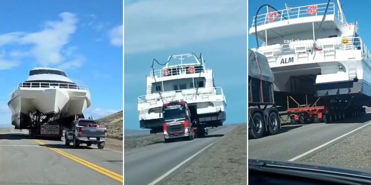Una familia se cruzó con un enorme barco en plena Ruta 40