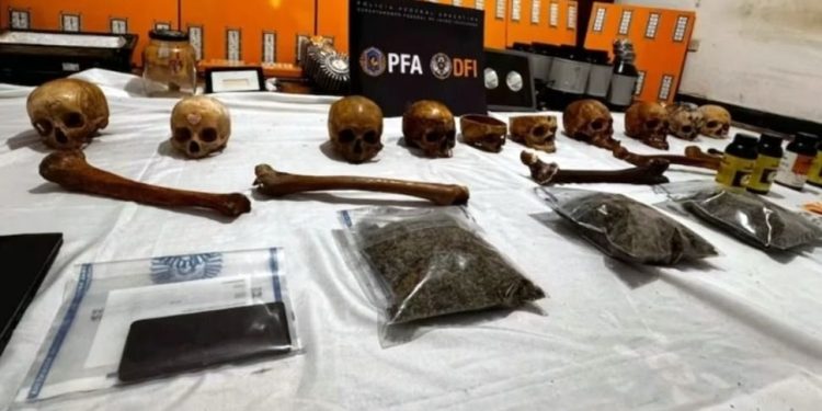 Hallan cráneos humanos con símbolos religiosos en un operativo antidroga