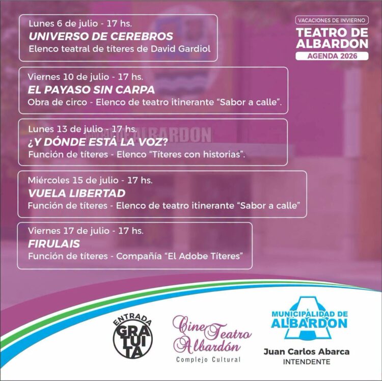 Del 6 al 17 de julio: Albardón tiene una agenda cultural para niños y familias